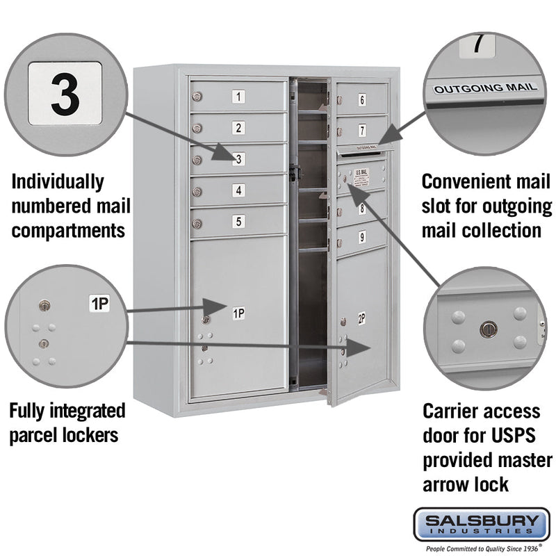 Salsbury 10 Door High Surface Mounted 4C Horizontal Mailbox with 9 Doors and 2 Parcel Lockers with USPS Access