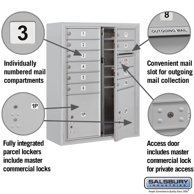 Salsbury 10 Door High Surface Mounted 4C Horizontal Mailbox with 10 Doors and 2 Parcel Lockers with Private Access