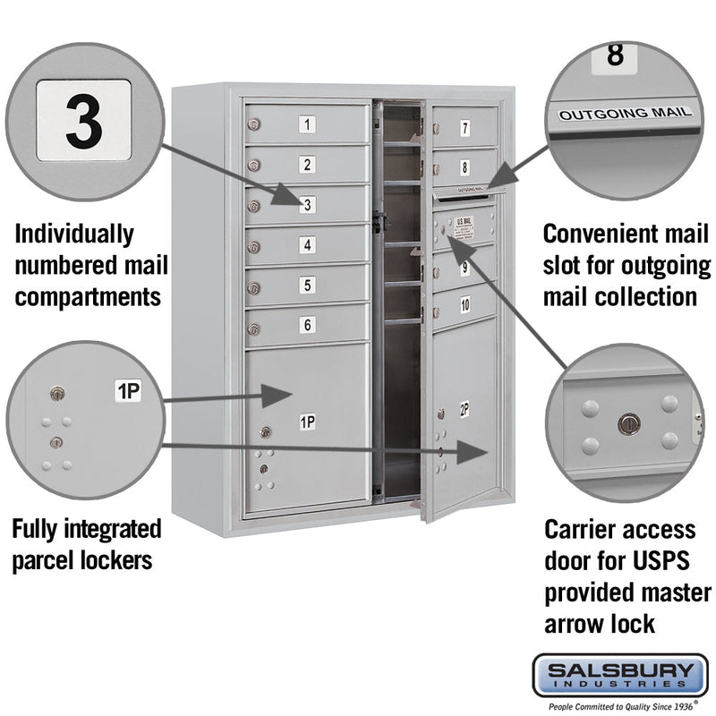 Salsbury 10 Door High Surface Mounted 4C Horizontal Mailbox with 10 Doors and 2 Parcel Lockers with USPS Access