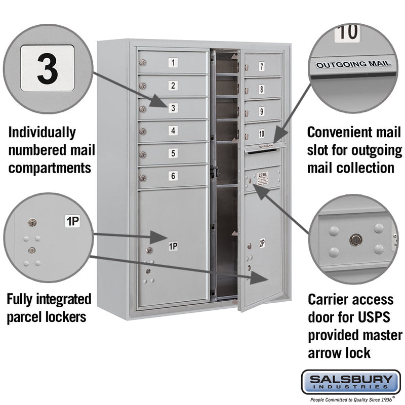 Salsbury 11 Door High Surface Mounted 4C Horizontal Mailbox with 10 Doors and 2 Parcel Lockers with USPS Access
