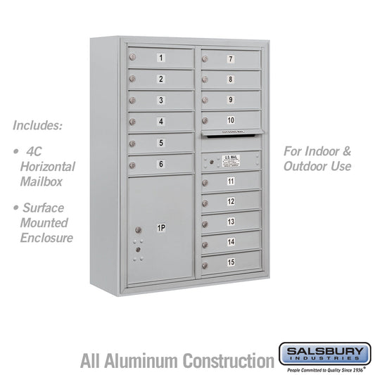 Salsbury 11 Door High Surface Mounted 4C Horizontal Mailbox with 15 Doors and 1 Parcel Locker with USPS Access