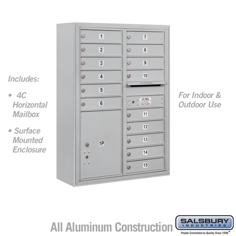 Salsbury 11 Door High Surface Mounted 4C Horizontal Mailbox with 15 Doors and 1 Parcel Locker with USPS Access