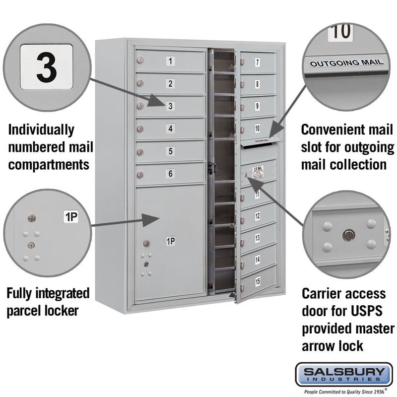 Salsbury 11 Door High Surface Mounted 4C Horizontal Mailbox with 15 Doors and 1 Parcel Locker with USPS Access