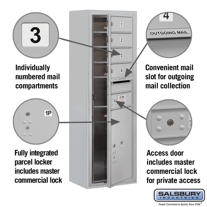 Salsbury 11 Door High Surface Mounted 4C Horizontal Mailbox with 4 Doors and 1 Parcel Locker with Private Access