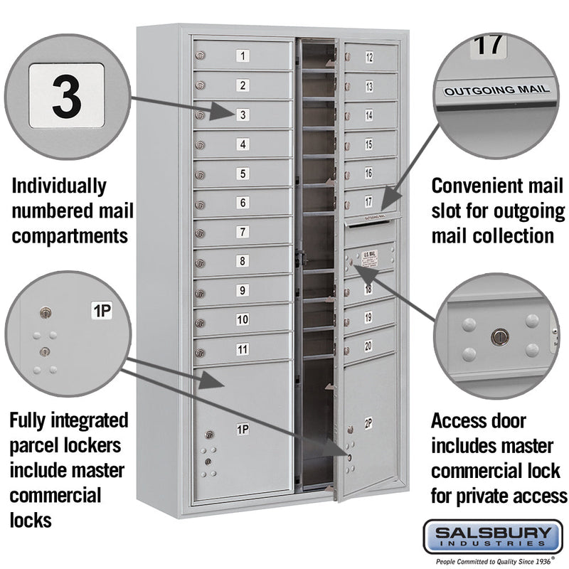 Salsbury Maximum Height Surface Mounted 4C Horizontal Mailbox with 20 Doors and 2 Parcel Lockers with Private Access