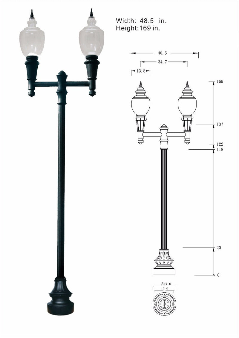 Double Head Municipal Quality LED Street Light Fixture, Pole, and Pedestal Combo