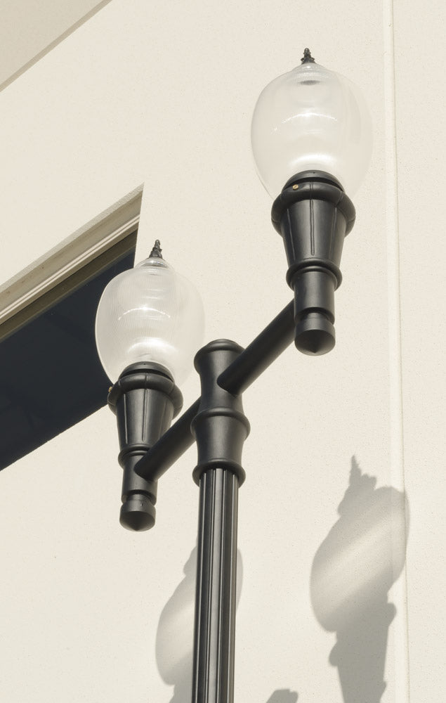 Double Head Municipal Quality LED Street Light Fixture, Pole, and Pedestal Combo