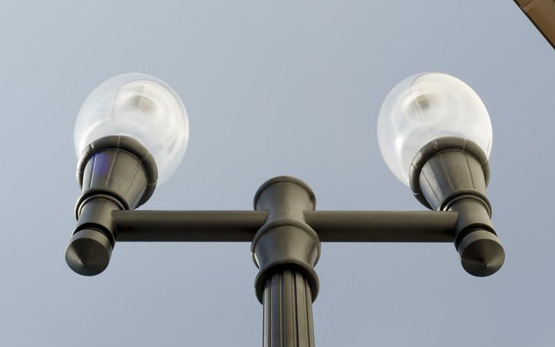 Double Head Municipal Quality LED Street Light Fixture, Pole, and Pedestal Combo