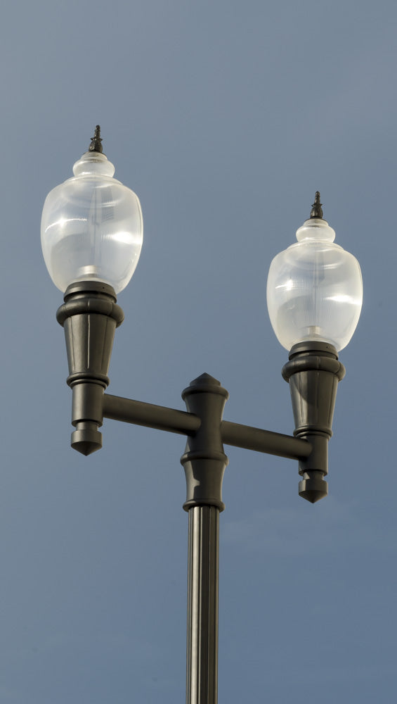 Double Head Municipal Quality LED Street Light Fixture, Pole, and Pedestal Combo