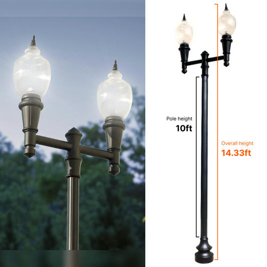 Double Head Municipal Quality LED Street Light Fixture, Pole, and Pedestal Combo With 10 Feet Pole