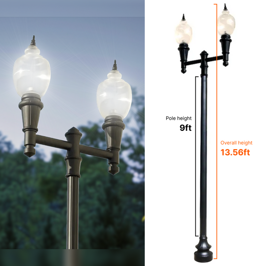 Double Head Municipal Quality LED Street Light Fixture, Pole, and Pedestal Combo With 9 Feet Pole
