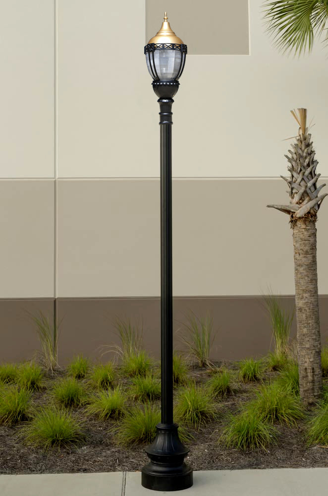Premier Municipal Quality LED Street Light Fixture, Pole, and Pedestal Combo with Gold Globe