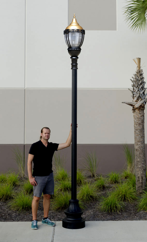 Premier Municipal Quality LED Street Light Fixture, Pole, and Pedestal Combo with Gold Globe