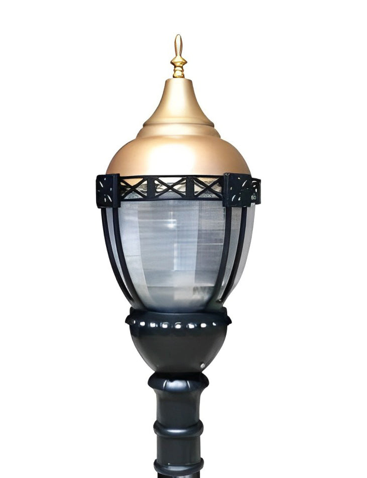 Premier Municipal Quality LED Street Light Fixture, Pole, and Pedestal Combo with Gold Globe