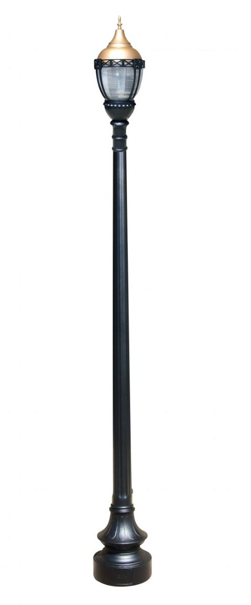 Premier Municipal Quality LED Street Light Fixture, Pole, and Pedestal Combo with Gold Globe