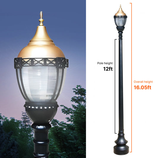 Premier Municipal Quality LED Street Light Fixture, 12ft Pole, and Pedestal Combo with Gold Globe