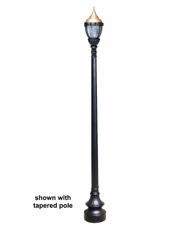 Premier Municipal Quality LED Street Light Fixture, Pole, and Pedestal Combo with Gold Globe