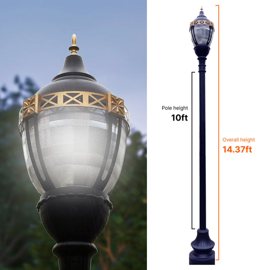 Premier Municipal Quality LED Street Light Fixture, 10ft Pole, and Pedestal Combo with Gold Trim