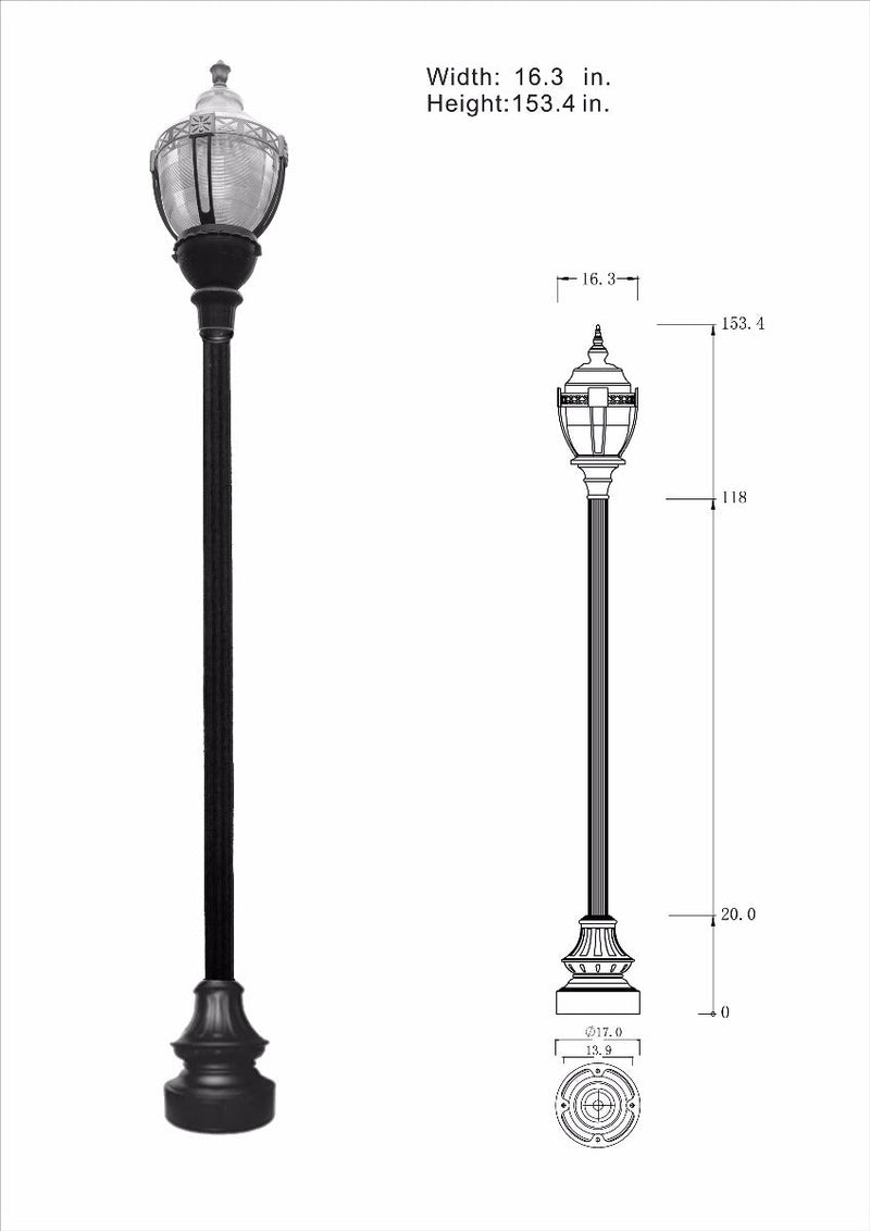 Newport Style Municipal Quality LED Street Light Fixture, Pole, and Pedestal Combo with Gold Trim