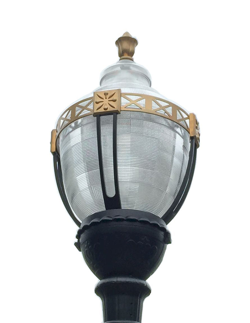 Newport Style Municipal Quality LED Street Light Fixture, Pole, and Pedestal Combo with Gold Trim
