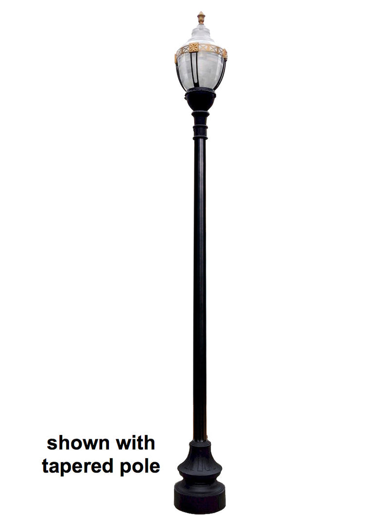Newport Style Municipal Quality LED Street Light Fixture, Pole, and Pedestal Combo with Gold Trim