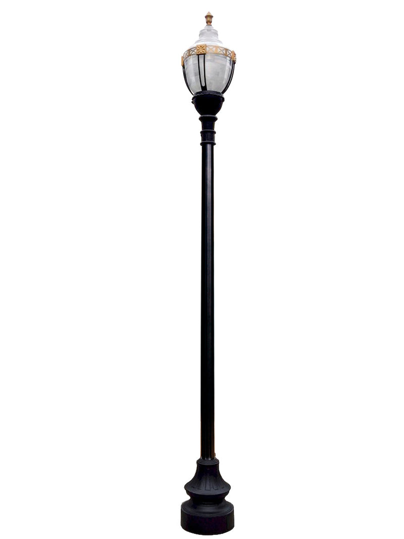Newport Style Municipal Quality LED Street Light Fixture, Pole, and Pedestal Combo with Gold Trim