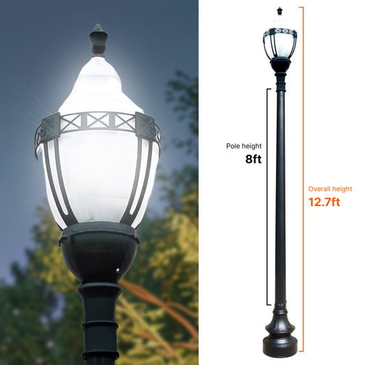 Premium Decorative Municipal Quality LED Street Light Fixture, Pole, and Pedestal Combo With 8 Feet Pole