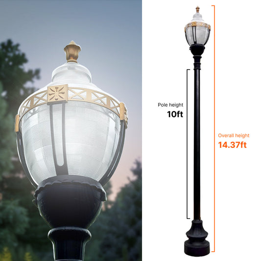 Newport Style Municipal Quality LED Street Light Fixture, 10 Feet Pole , and Pedestal Combo with Gold Trim