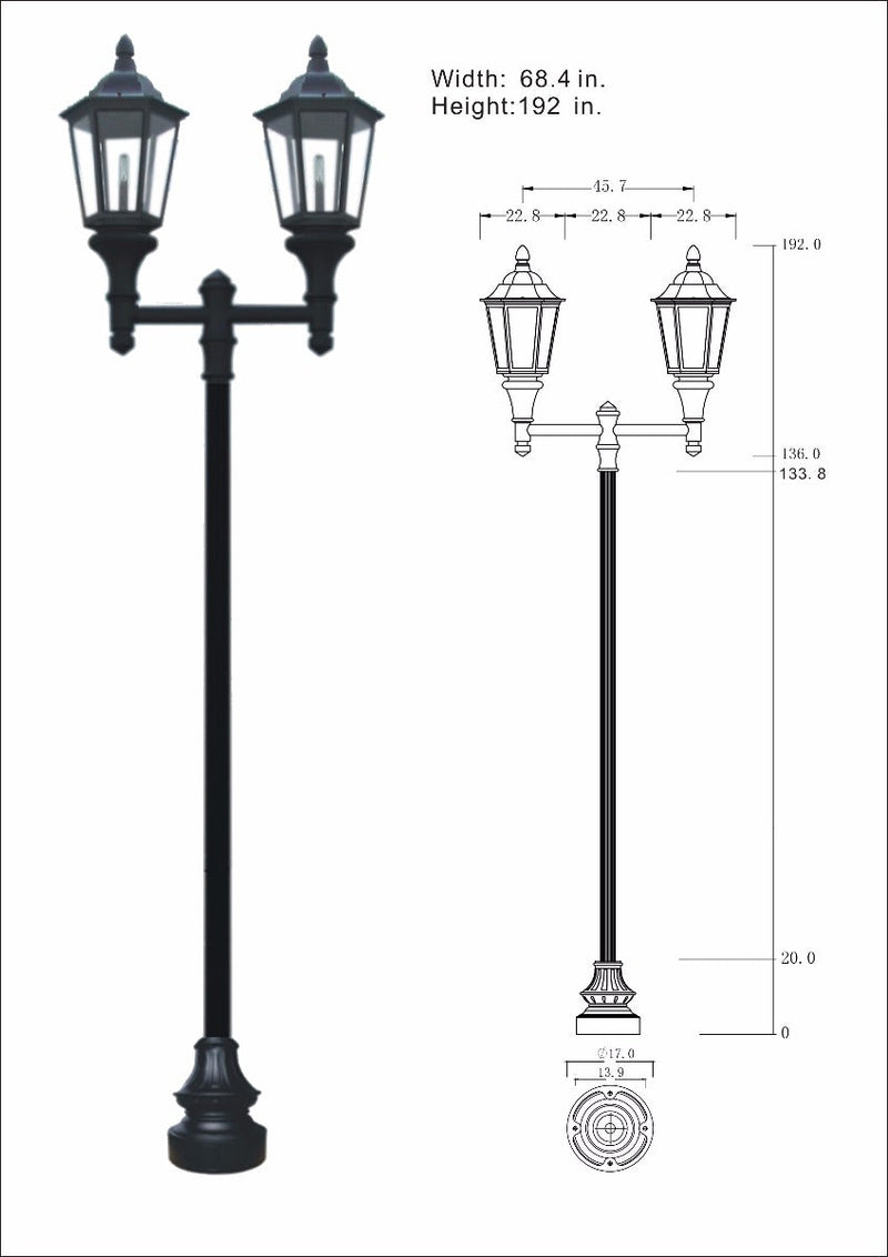 Double Lantern Style Municipal Quality LED Street Light Fixture, Pole, and Pedestal Combo
