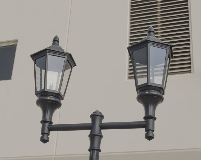 Double Lantern Style Municipal Quality LED Street Light Fixture, Pole, and Pedestal Combo