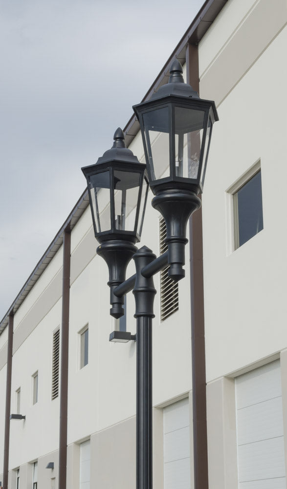 Double Lantern Style Municipal Quality LED Street Light Fixture, Pole, and Pedestal Combo