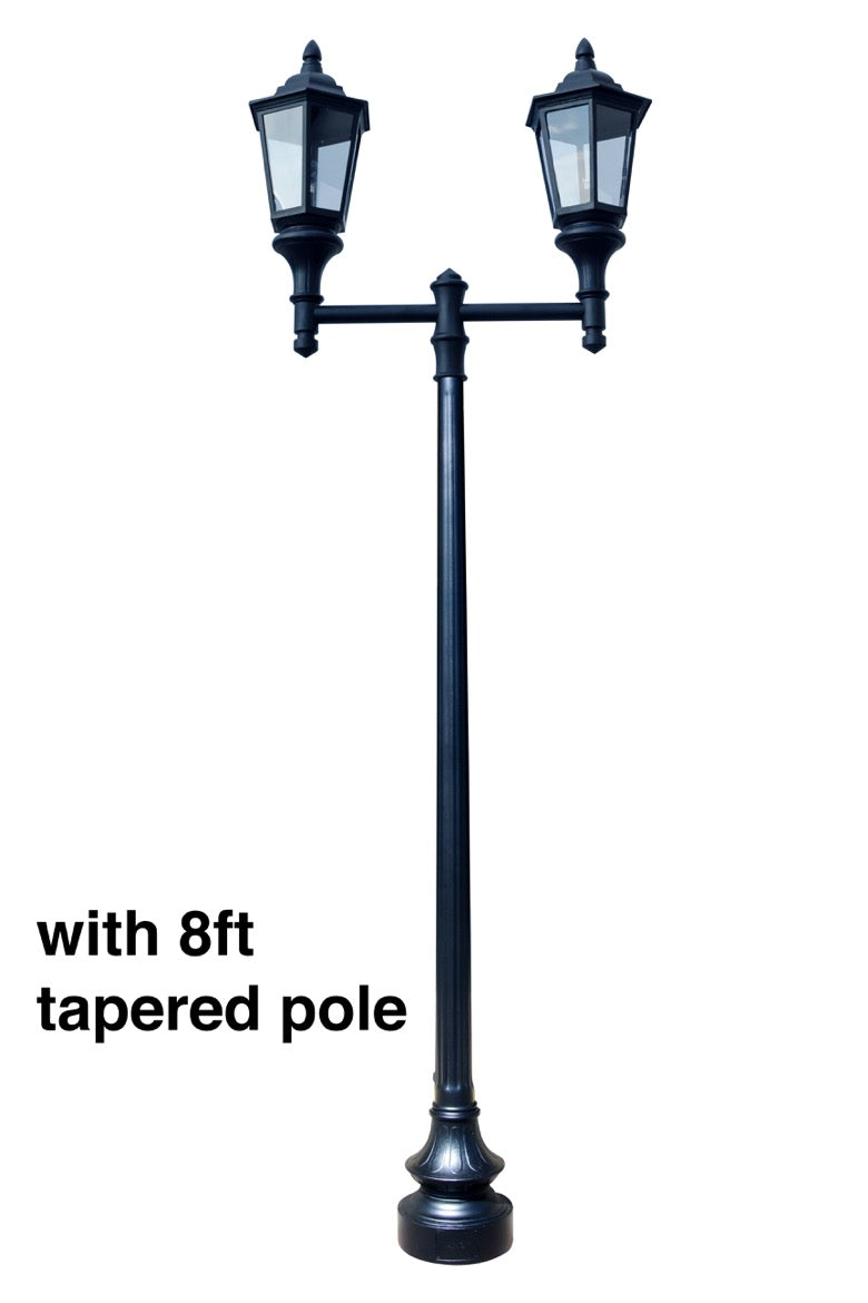 Double Lantern Style Municipal Quality LED Street Light Fixture, Pole, and Pedestal Combo