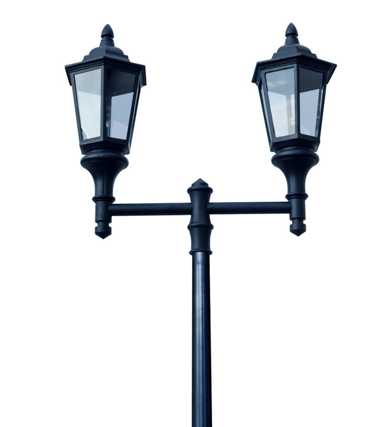 Double Lantern Style Municipal Quality LED Street Light Fixture, Pole, and Pedestal Combo