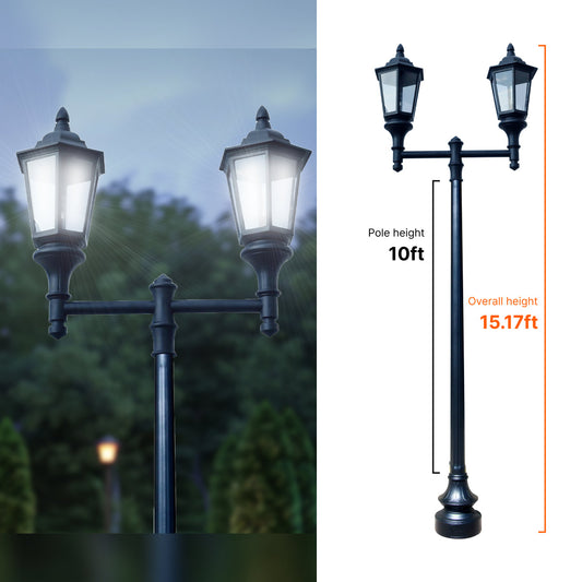 Double Lantern Style Municipal Quality LED Street Light Fixture, 10ft Pole, and Pedestal Combo
