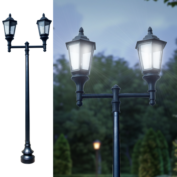 Double Lantern Style Municipal Quality LED Street Light Fixture, Pole, and Pedestal Combo