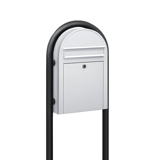 Bobi Classic Slim Front Access Modern Locking White Mailbox and Round Black Post Combo