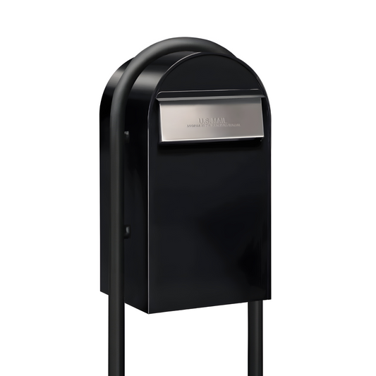 USPS Approved Bobi Grande B Rear Access Modern Locking Black Mailbox with Round Black Post Combo  - Stainless Steel Mail Slot –  Secure Small Parcel Delivery