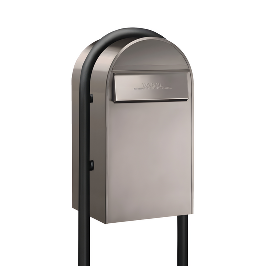USPS Approved Bobi Grande B Rear Access Modern Locking Stainless Steel Mailbox with Round Black Post Combo - Secure Small Parcel Delivery
