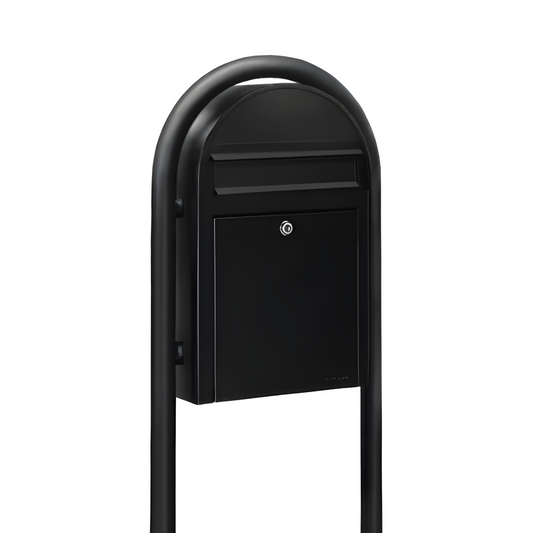 Bobi Classic Slim Front Access Modern Locking Black Mailbox and Round Black Post Combo