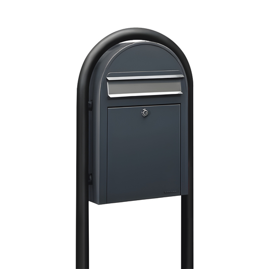 Bobi Classic Slim Front Access Modern Locking Grey Mailbox with Stainless Steel Mail Slot and Round Black Post Combo