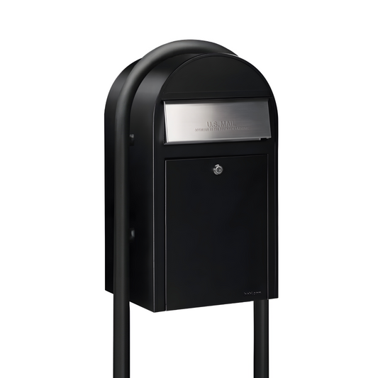 Bobi Grande Front Access Black Mailbox with Stainless Steel Mail Slot and Round Black  Post Combo