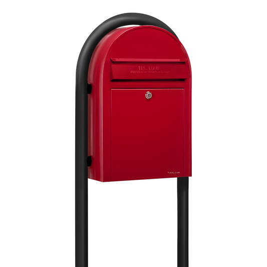 Bobi Classic Front Access Red Mailbox and Round Black Post Combo