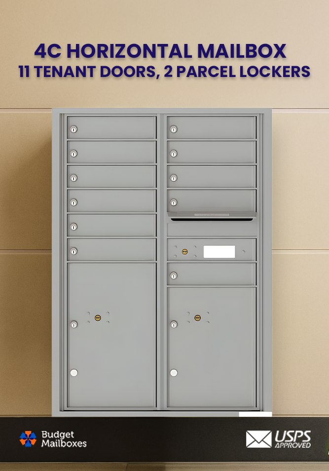 Florence 4C Horizontal Mailbox - 11 Doors, 2 Parcel Lockers - 12 Doors High USPS Access