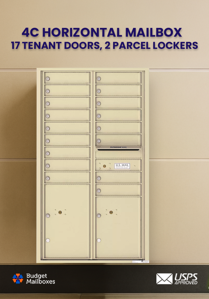 Florence 4C Horizontal Mailbox - 17 Doors, 2 Parcel Lockers - 15 Doors High USPS Access