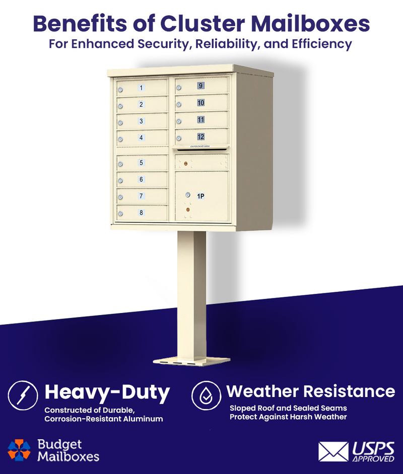 Florence 12 Door USPS Cluster Mailbox with Parcel Locker, Pedestal Included