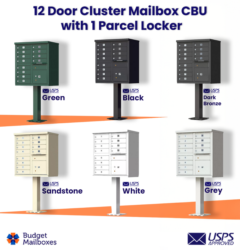 12 Door High Security USPS Cluster Mailbox CBU with 1 Parcel Locker, Pedestal Included