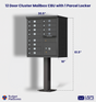 12 Door USPS Cluster Mailbox CBU with 1 Parcel Locker, Pedestal Included
