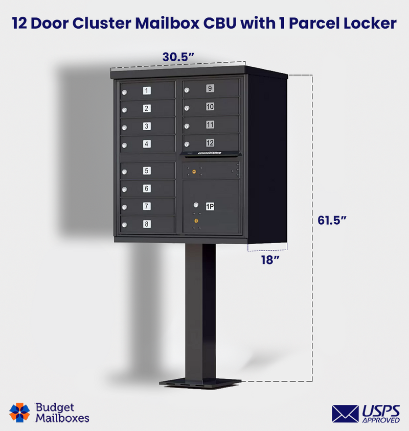 Florence 12 Door USPS Cluster Mailbox with Parcel Locker, Pedestal Included