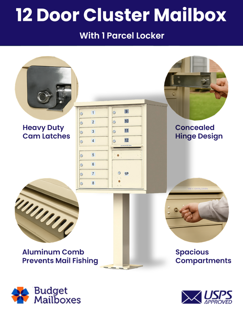 Florence 12 Door USPS Cluster Mailbox with Parcel Locker, Pedestal Included