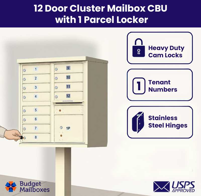12 Door USPS Cluster Mailbox CBU with 1 Parcel Locker, Pedestal Included